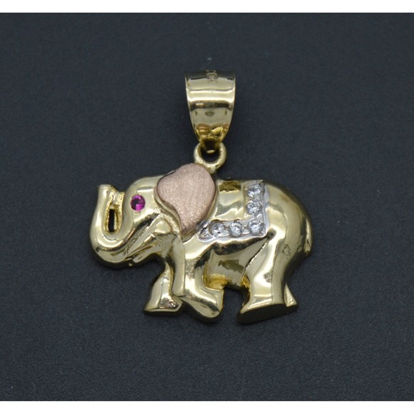 Real 10K Solid Tri-Color Gold Shiny Pink Eyes Elephant CZ Charm Pendant 2.7grams - Picture 1 of 8